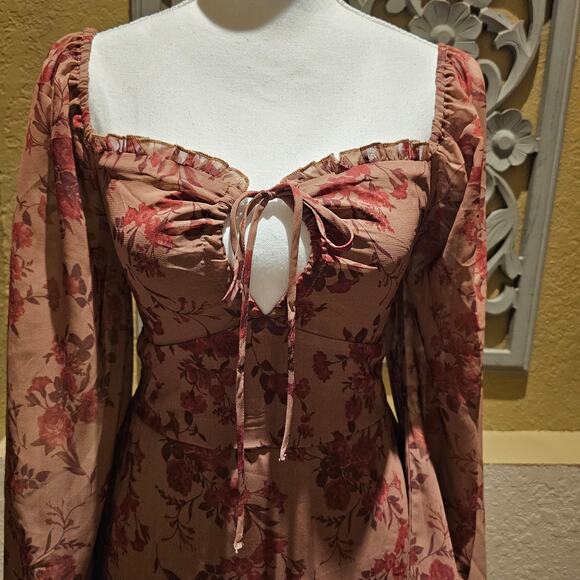 Romantic Cottagecore Floral Top Milkmaid Ruched Whimsy Boho Peplum Sheer Dress S - Picture 9 of 11